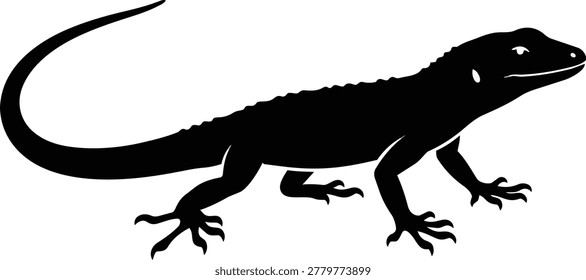 A detailed black silhouette of a lizard with a long, curved tail, sharp claws, and textured skin.
