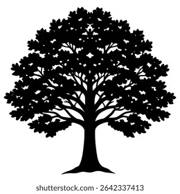 A detailed black silhouette of a majestic deciduous tree stands prominently against a clean white background.