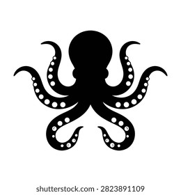 A detailed black silhouette of an octopus featuring eight tentacles with visible suckers. Marine animal symbol isolated on clean white background for design use.