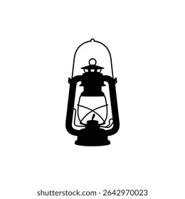 Detailed black silhouette of an old-fashioned hurricane lamp with a handle and glass enclosure on a stark white backdrop, emphasizing its classic design.