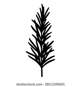 A detailed black silhouette of a pine tree branch with needles, isolated on a white background, showcasing natural botanical features.