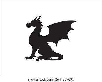 A detailed black silhouette portrays a majestic winged dragon in a serene, resting position.
