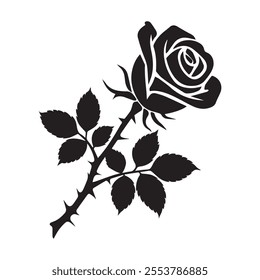 A detailed black silhouette of a rose with a thorny stem and leaves, set against a clean white background. Perfect for design projects, tattoos, or decorative elements.