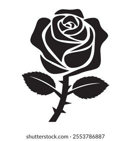 A detailed black silhouette of a rose with a thorny stem and leaves, set against a clean white background. Perfect for design projects, tattoos, or decorative elements.