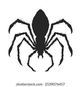 A detailed black silhouette of a spider is shown with its long legs extended. The spider's body is prominently displayed showcasing its distinctive shape and features in a minimalist style.