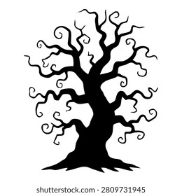 A detailed black silhouette of a tree with twisted, curling branches, emphasizing artistic and abstract natural forms.