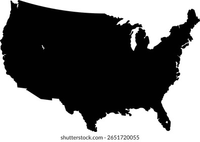 Uma silhueta preta detalhada dos Estados Unidos da América, mostrando seus contornos de fronteira continental.