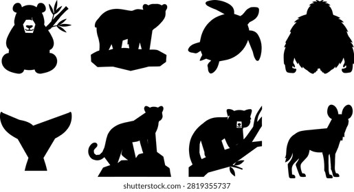 A detailed black silhouette vector collection of endangered wild animals and marine life. Includes a giant panda holding bamboo, polar bear on ice, sea turtle swimming, orangutan or gorilla silhouette, whale tail fluke, snow leopard on a rock, red panda resting on a tree branch, and an African wild dog or maned wolf. Ideal for wildlife conservation campaigns, environmental logos, educational materials, zoo signage, and nature awareness branding.