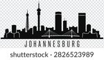 A detailed black silhouette vector illustration of the Johannesburg city skyline, featuring iconic landmarks such as the Sentech Tower, Hillbrow Tower, and the Nelson Mandela Bridge, set against a tra