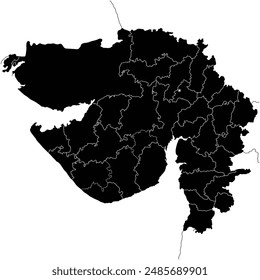 Ilustración vectorial detallada de la silueta negra de Gujarat mapa del estado y el distrito con el mapa geográfico vecino del estado de Gujarat.