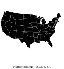 Detailed Black Silhouette vector Illustration of America map (USA) map with borders of the states and names on white background 