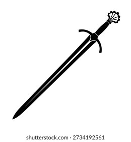 A detailed black silhouette vector illustration of a medieval longsword featuring a decorative pommel and crossguard suitable for fantasy gaming logos and knight heraldry designs.
