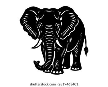 A detailed black silhouette vector illustration of a majestic African elephant facing forward with large ears and curved tusks