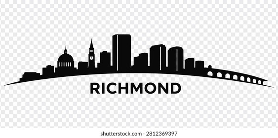 Detailed black silhouette vector of Richmond, Virginia, USA city skyline. Features iconic landmarks: State Capitol, clock tower, skyscrapers, and arched bridge. Ideal for travel and tourism.