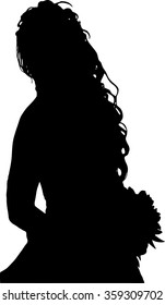 Detailed black silhouette of a young girl with beautiful hairstyle, wedding dress and with a bouquet of flowers, on a belt, on a white background in a vector. The girl at the wedding