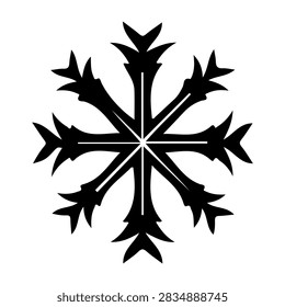 A detailed black snowflake icon featuring sharp edges and symmetrical pattern, symbolizing winter, cold, and uniqueness in design.