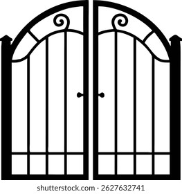 Detailed black vector drawing showcases an elegant iron gate, featuring decorative scrolls, straight bars, symmetrical design, and centered handles for a refined, secure entrance.