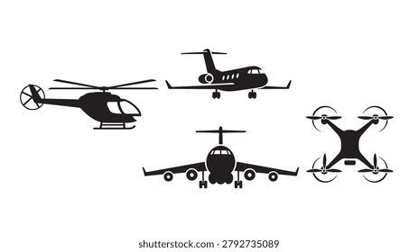 Detailed black vector illustration set featuring iconic silhouettes of a modern private jet aircraft a versatile helicopter a commercial passenger airplane and an advanced remote controlled quadcopter drone designed for various professional aviation projects and digital graphic design applications requiring clean sharp transportation themed visual asset elements