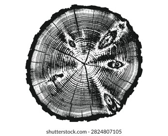 Detailed black vector illustration of a tree trunk cross section featuring annual growth rings, bark, cracks, and knots. Isolated on a white background for rustic, woodwork, or nature-themed designs.