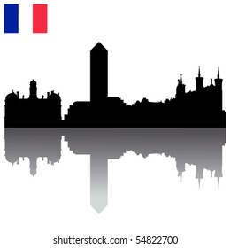 Detailed Black vector Lyon silhouette skyline with french flag