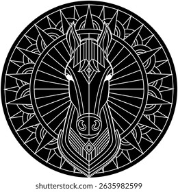 Detailed black vector mandala featuring a stylized horse head with sharp geometric patterns. High contrast ornamental design.