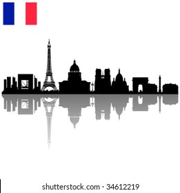 Detailed black vector Paris silhouette skyline with French flag