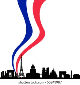 Detailed black vector Paris silhouette skyline with French flag