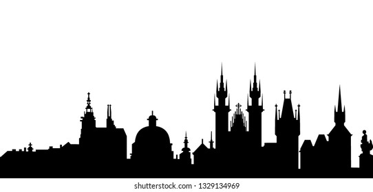 Detailed Black vector Prague silhouette skyline with Czech flag