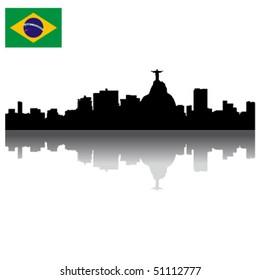 Detailed Black vector Rio de Janeiro silhouette skyline with Brazil flag