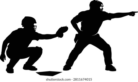 A detailed black vector silhouette of a baseball catcher crouching behind home plate alongside an umpire signaling an out call. This professional graphic set is ideal for sports marketing, tournament promotions, baseball academy branding, and rule instruction visuals.