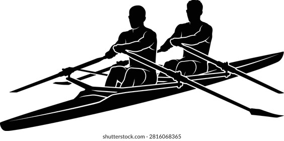 A detailed black vector silhouette depicting two male athletes rowing together in a double scull boat on water. Ideal for rowing club logos, sports event posters, athletic teamwork graphics, and water activity promotional designs.