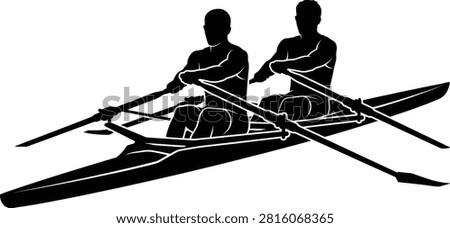 A detailed black vector silhouette depicting two male athletes rowing together in a double scull boat on water. Ideal for rowing club logos, sports event posters, athletic teamwork graphics, and water activity promotional designs.