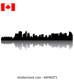 Detailed black vector Vancouver silhouette skyline with Canadian flag