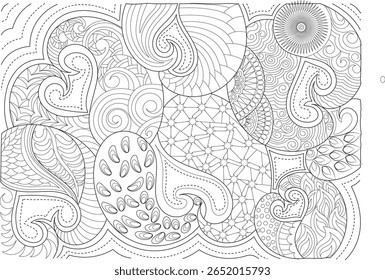 Detailed black and white abstract design featuring organic paisley shapes, hearts, swirls, and intricate patterns, ideal for creative projects.