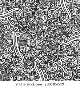 Detailed black and white abstract pattern with intricate swirling designs, creating a mesmerizing and complex visual effect.
