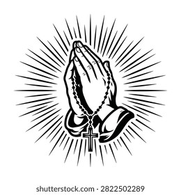 A detailed black and white artistic representation of praying hands holding a rosary with a holy cross, surrounded by radiating sunburst lines. Represents faith.
