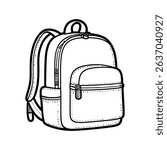 A detailed black and white backpack outline illustration is ideal for a variety of design needs. This vector graphic features a clean, minimalist design perfect for back to school campaigns