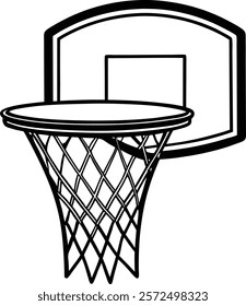 Detailed Black and White Basketball Hoop with Net Illustration