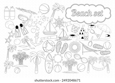 Detailed black and white beach set illustration for coloring. Includes various beach elements like umbrellas, flip flops, and palm trees. Perfect for kids and adults.