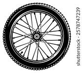 Detailed black and white bicycle wheel illustration.
