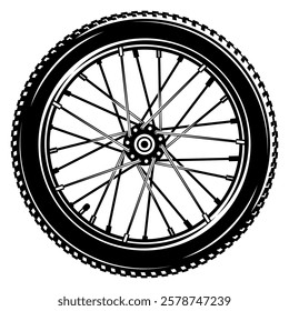 Detailed black and white bicycle wheel illustration.