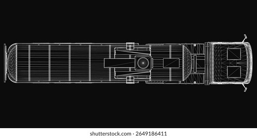 A detailed black and white blueprint of a tanker truck on a solid black background, featuring intricate design elements like the cab, cylindrical storage tank, and multiple wheels.
