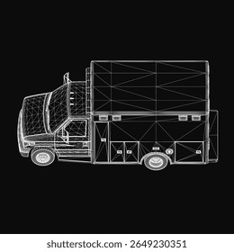 A detailed black and white blueprint of a truck features prominently on a dark background, showcasing headlights, grille, and wheels. The technical drawing resembles an ambulance or car design.