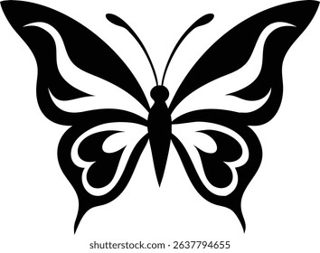 Detailed black and white butterfly graphic showcases symmetrical, stylized wing patterns and delicate antennae. Suitable for design, nature themes, or artistic projects requiring elegance.