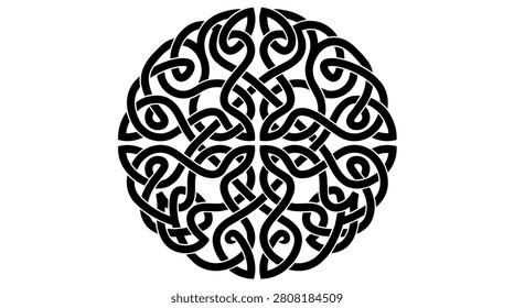 Detailed black and white Celtic knot forming a perfect circle. Traditional interwoven pattern representing eternity and heritage. Ideal for design, decoration, or cultural themes.