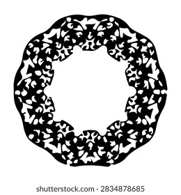 Detailed black and white circular pattern with floral and abstract elements, perfect for artistic and decorative purposes.