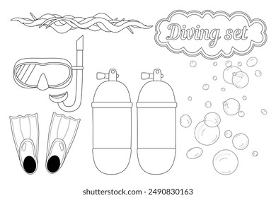 A detailed black and white coloring page featuring diving gear including mask, snorkel, fins, diving cylinders, wave and bubbles. Perfect for underwater-themed projects and activities.