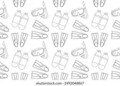 Detailed black and white coloring page pattern featuring scuba diving gear like masks, fins, and air tanks. Ideal for relaxation and creativity.