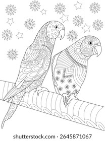 Detailed black and white coloring page of two love birds parrots with intricate patterns on a branch, perfect for adult coloring and relaxation.