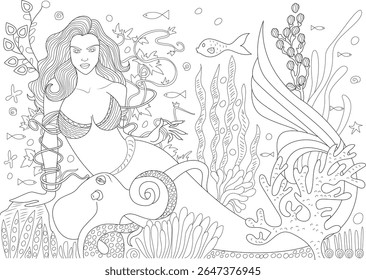 Detailed black and white coloring page of a mythical mermaid and octopus surrounded by diverse ocean life including plants, coral, and fish.